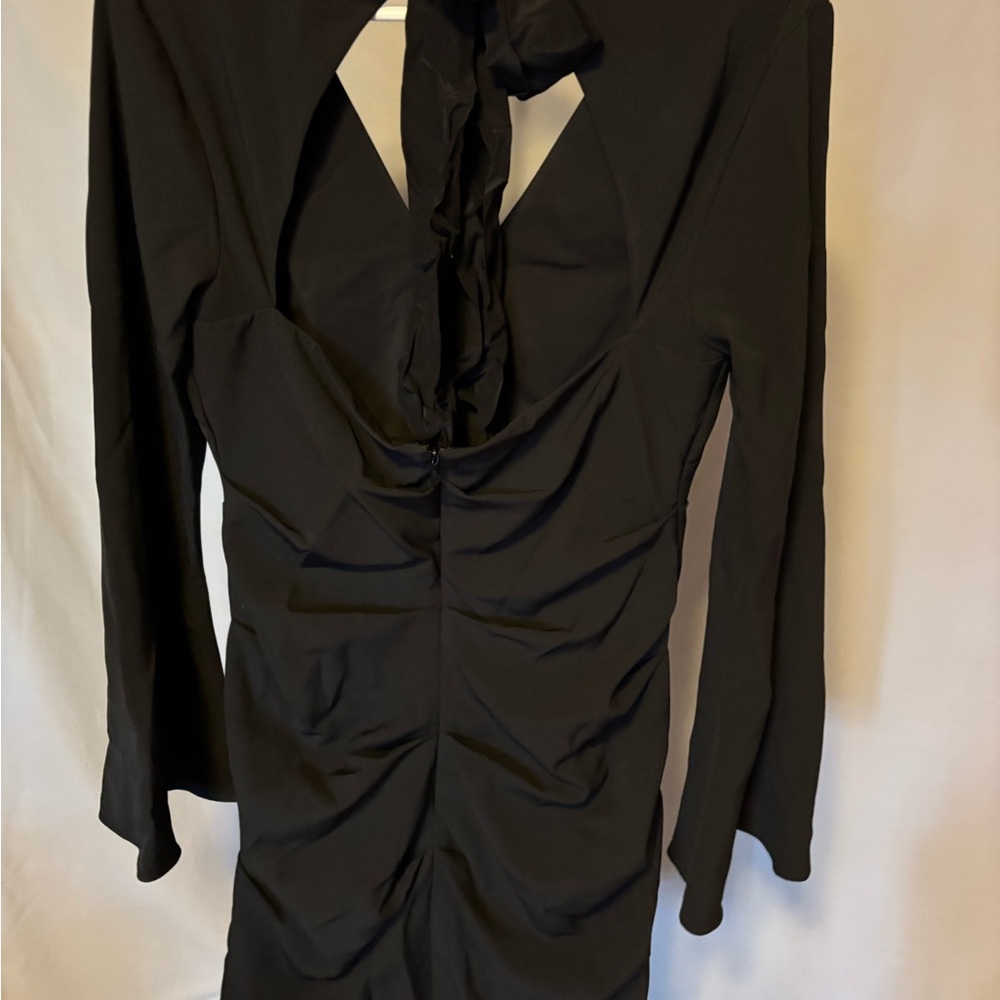 NWT Nicole Miller Black Dress w Ruching, Flare Sleeves and Open Back - Picture 6 of 7